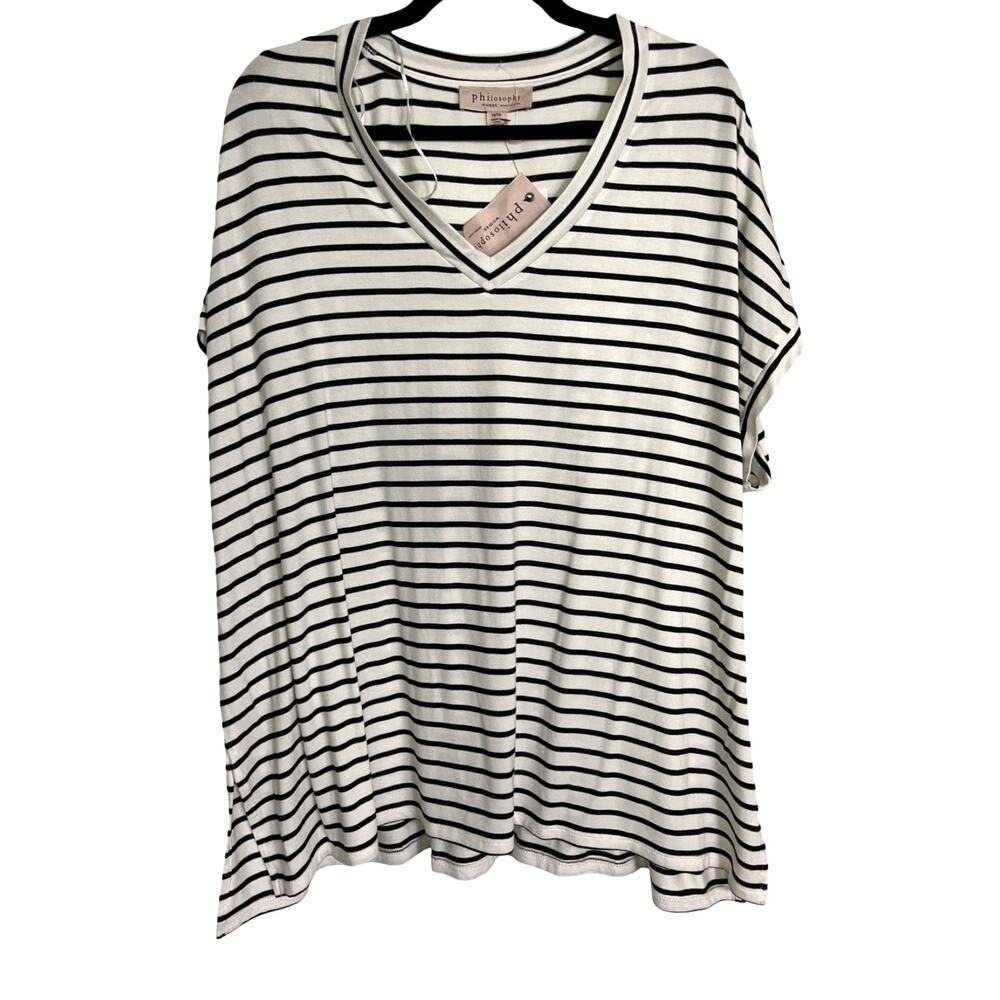 Philosophy Woman Striped V Neck Tunic Top Plus Size 1X NWT Black White NWT